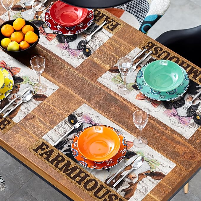 Cute Cow Farmhouse Placemats 4pcs, Farm Animal Tabletop Mat Rustic Style Non-Slip Washable Place Mats 12 x 18 Inch for Holiday Kitchen Dining Decor