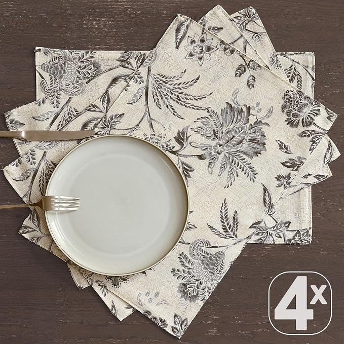 JINCHAN Sliva Linen Floral Placemats Set of 4 Farmhouse 13x19 Inch Grey | Fabric Placemats, Cottage Style, Painterly Floral Pattern, Machine Washable, Easy to Store, Reusable