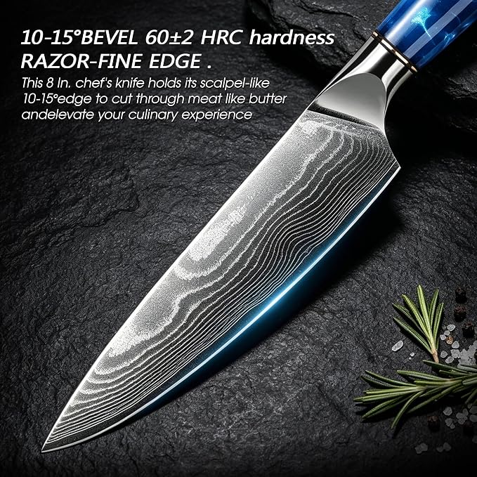 Damascus High Carbon Chefs Knife Ergonomic Handle(8In,BlueResin) | Japanese 67 Layers High Carbon Steel, Professional High-Class Ultra Sharp Cooking Knives Family & Restaurant, Gift Box