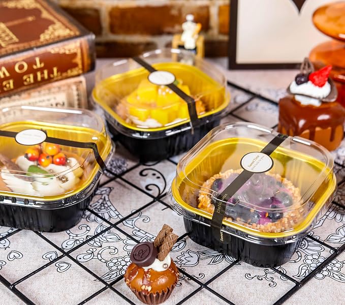 NPLUX Square Pans with Lids, 50 Pack Black Gold for Dessert Displays | Works for small savory bites, mini desserts and refrigerated portions; clear cover supports quick portion checks.