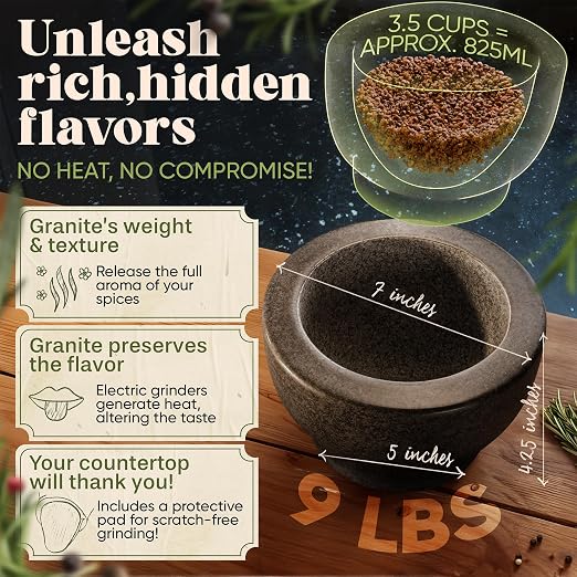ChefSofi Mortar and Pestle Set - Black Polished Exterior - 3.5 Cup Capacity