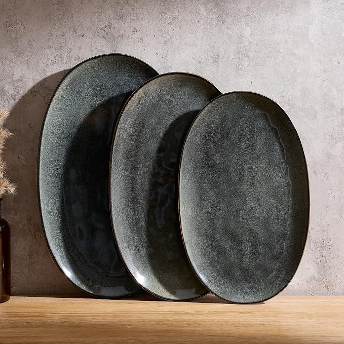 famiware Serving Platters Set of 3 Sizes - Oval, Deep Forest | 15.59"/14.3"/12.9" Fine Stoneware Serving Trays for Party, Entertaining for Food, Turkey, Cheese, Microwave Dishwasher Safe