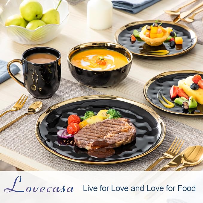 LOVECASA 16 Pieces Plates and Bowls Sets, Porcelain Black and Gold Dinnerware Sets, Round Dinner Plates Dishes Set Service for 4, Dishwasher Safe and Scratch Resistant, Black