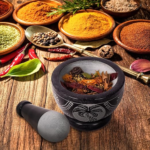 Mortar and Pestle, Made of Heavy Duty Polished Hard Stone, Natural Stone Grinder for Spices, Pastes, Herbs, Seasoning etc. (Palm Tree)