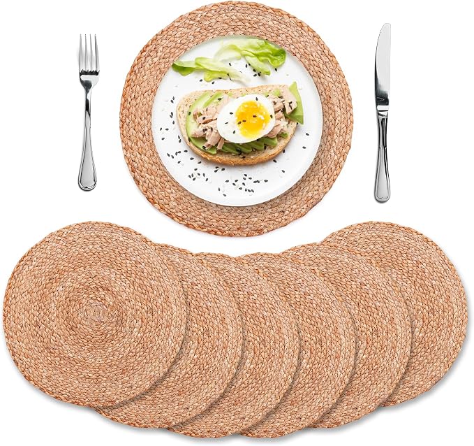 Natural Jute Placemats Set of 6, Round Woven Table Mats, 13 Inch Rattan Charger Plates for Dinner, Boho Farmhouse Braided Place Mats