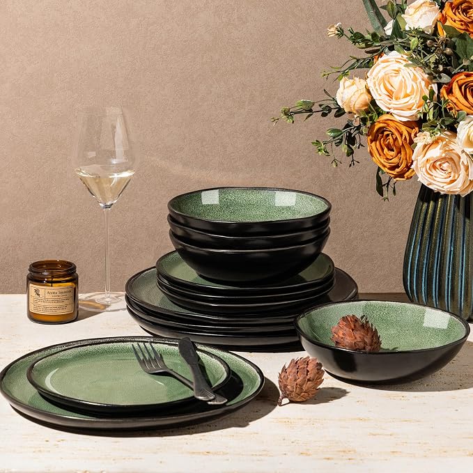 AmorArc Ceramic Dinnerware Sets for 4, 12Pcs Plates and Bowls Sets Dishes | Stoneware Handmade Reactive Glaze Dinner Set, Highly Scratch Resistant | Dishwasher & Microwave Safe Dishware