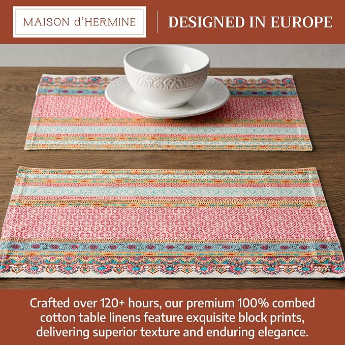 Maison d' Hermine Placemats Set of 4 Reusable 100% Combed Cotton (13"x19") | Cloth Place Mats Washable Table Mats for Kitchen Dining Party Wedding Hotel Home Restaurant Spring Summer - Lauris
