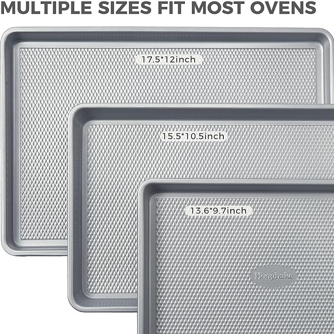 Naturally Non Toxic Baking Sheet Pan Set of 3, Heavy Duty Aluminized Steel Cookie Sheets, Half/Quarter/Jelly Roll Pans with Textured Nonstick Surface, Free of PTFE & PFOA