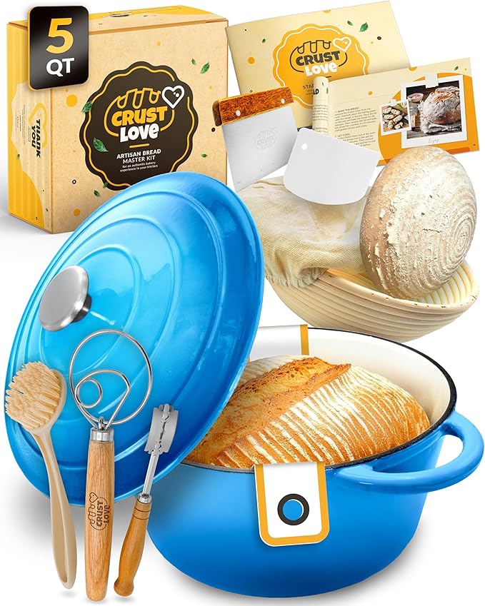 5 QT Enameled Dutch Oven for Bread Baking with Lid & Baking Set | Sourdough Dutch Oven for Bread Baking, Cast Iron Bread Oven with Lid, Banneton, Bread Sling, Lame, Dough Whisk & Clear Guide