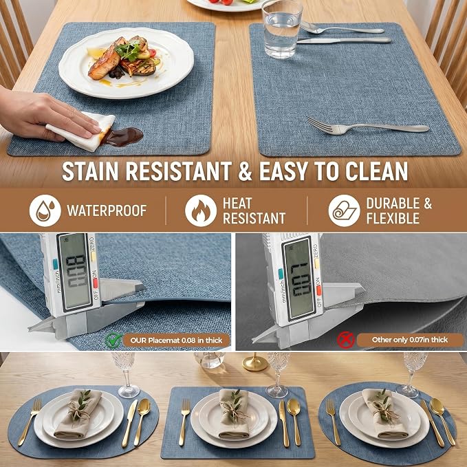 Faux Leather Placemats Set of 6, Wipeable Waterproof Stain Resistant Table Mats, Heat Resistant Thick Placemats with Hand-Painted Edges for Kitchen Dining, Imitative Linen Texture, Various Shapes