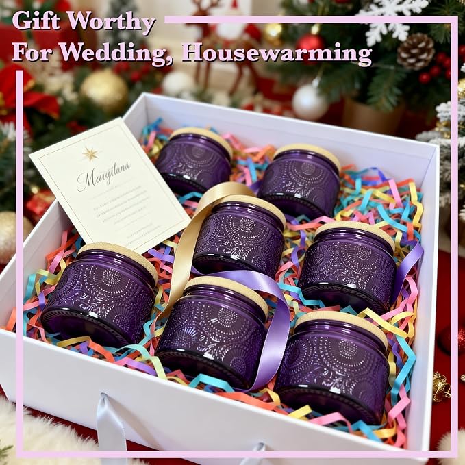 4 oz Decorative Small Glass Jars with Airtight Bamboo Lids, Purple 6 Pack | Vintage embossed color coated containers, kitchen pantry bathroom organization & decor, spices, DIY gifts, candle making