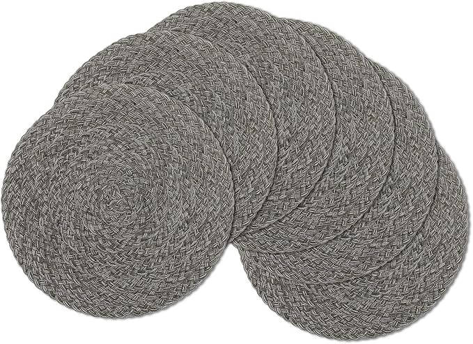 SHACOS Round Braided Placemats Set of 6 Thick Woven Placemats Washable 15 inch Circle Place Mats Non Slip Table Mats for Dining Table, Gray White