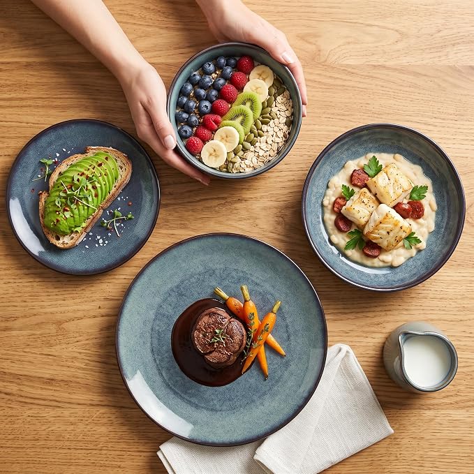 Ceramic Dinnerware (16 pcs) Serve 4 people, Plates and Bowls Sets, Reactive Glaze Dishes Set, Chip Resistant and Scratch Resistant, Dishwasher Microwave Safe, Suitable for dinner, parties