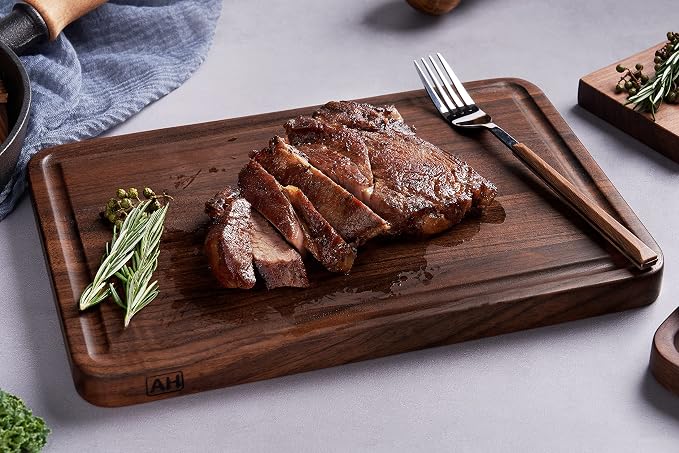 Walnut Wood Cutting Board for Kitchen 12x8 in Wooden Chopping Board | Walnut Cut Board with Juice Groove,Handles,Non-slip Mats,Thick Reversible Butcher Block,Cheese Charcuterie Board