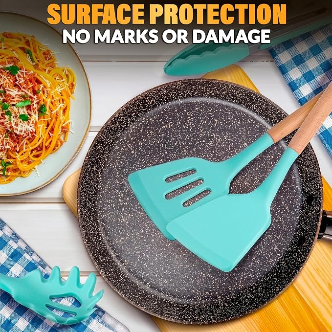 Teal Kitchen Utensils Set with Holder, 12 Pcs, Wooden Handle | BBQ Cooking Utensils that Bake, Serve, Mix & Flip; Silicone Heads Stay Non-Scratch on Nonstick Pots & Pans; Housewarming Gift