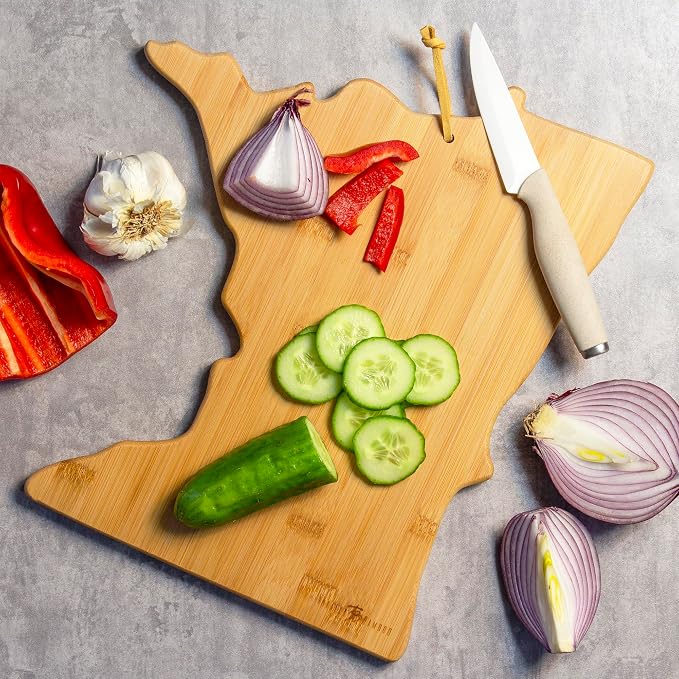 Totally Bamboo Minnesota State Shaped Cutting Board, Art by Fish Kiss | State charcuterie board with colorful hand-drawn map artwork. Smooth reverse side for food prep. Hang tie for wall display.