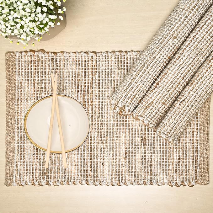 Natural Jute and Ivory Placemats, Set of 4 – Rustic Handmade Boho Table Mats, 13x19 Inch Dining Table Placemats for Kitchen, Everyday Meals, Holidays, Farmhouse or Modern Table Décor