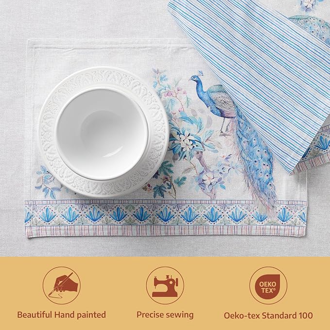 Maison d' Hermine Placemats Set of 4 Reusable 100% Combed Cotton (13"x19") | Cloth Place Mats Washable Table Mats for Kitchen Dining Wedding Home Restaurant Spring Summer - Peacock Utopia - Orginal
