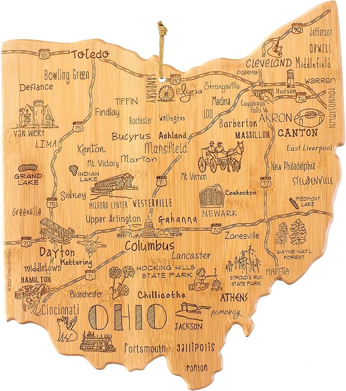 Totally Bamboo Destination Ohio State Shaped Cutting Board | State charcuterie serving board with engraved map artwork. Smooth reverse side for food prep. Hang tie for wall display.