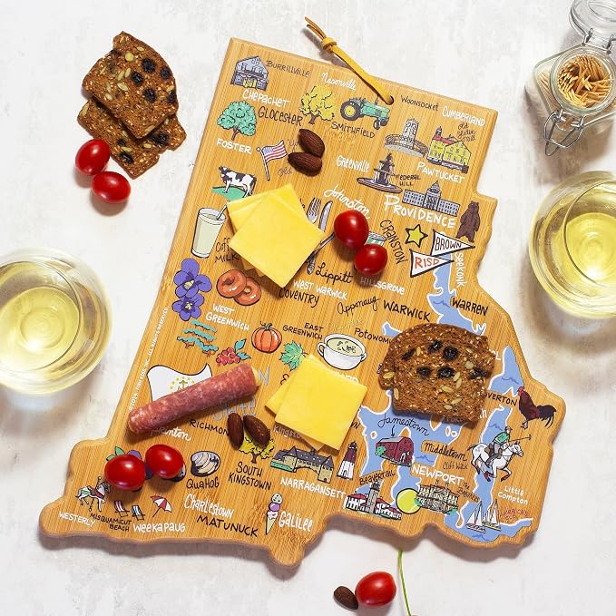 Totally Bamboo Rhode Island State Shaped Cutting Board, Art by Fish Kiss | State charcuterie board with colorful hand-drawn map artwork. Smooth reverse side for food prep. Hang tie for wall display.
