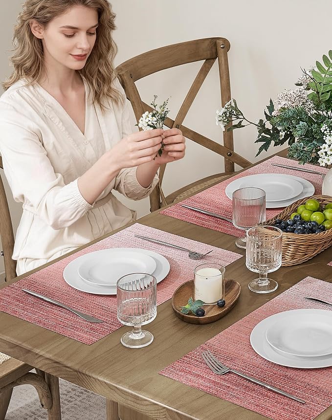 Leetaltree Gradient Pink Woven Placemats Set of 4 - Heat Resistant Non-Slip Place mats for Dining Table, Washable Durable PVC Vinyl Woven Table Mats(Gradient Pink, 4)
