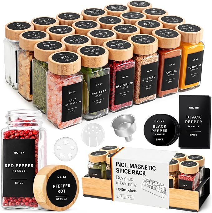 Square Glass Spice Jars (24 x 4oz) with Bamboo Lids + Magnetic Spice Rack for Refrigerator (Fits 12 Jars) + Bonus Slim Auxiliary Rack, 240 Labels, Shaker Inserts, Funnel