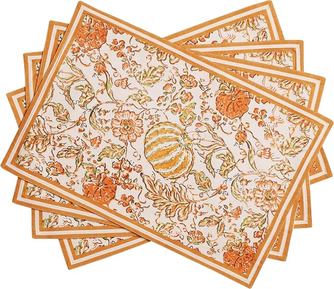 Maison d' Hermine Placemats Set of 4 Reusable 100% Cotton (13"x19") | Cloth Place Mats Washable Table Mats for Kitchen Dining Party Wedding Hotel Home Thanksgiving Christmas - Pumpkin Spice