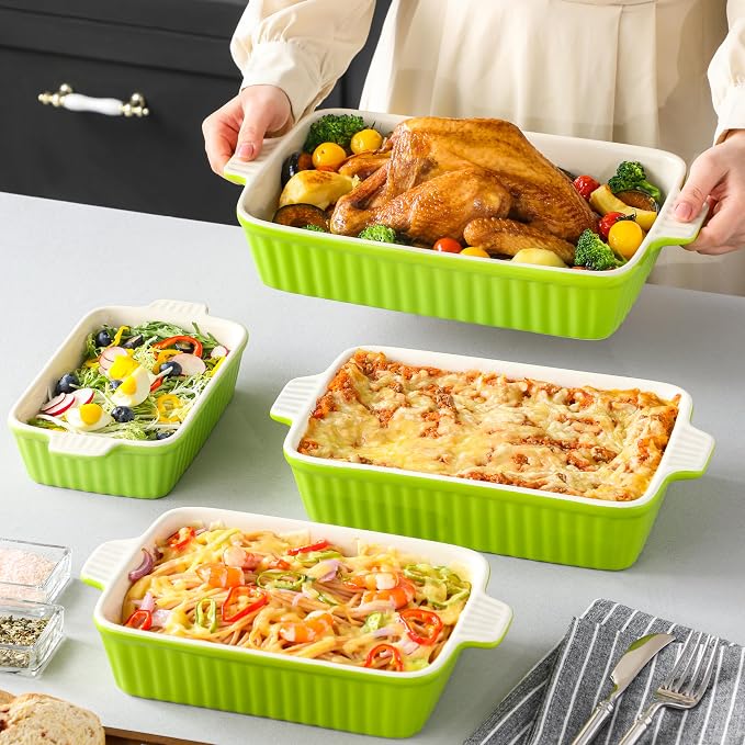 MALACASA Ceramic Baking Dishes Set of 4, Deep Casserole Dish, Green | Deep Lasagna Pans for Versatile Use, Durable Bakeware for Roasting Vegetable, Gift Set, Dishwasher Safe(9.4/11.1/12.2/14.7")