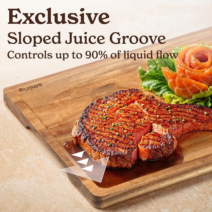 SMIRLY Acacia Wood Cutting Board - 3 Pack Cutting Boards for Kitchen | Non Toxic Acacia Cutting Board with Juice Grooves and Handles, Multiple Sizes Chopping Board for Meal Prep & Charcuterie
