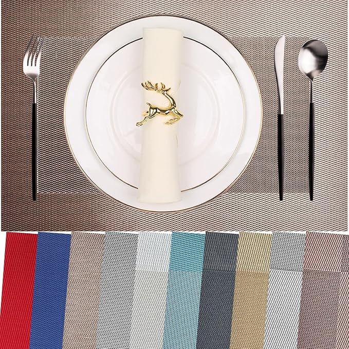 Vinyl Placemats Heat-Resistant Table Mats Washable Easy Clean Plastic Placemat for Kitchen Dining Table Set of 8 Indoor Outdoor (Champagne)
