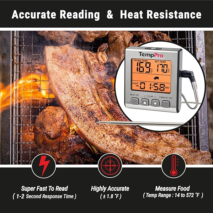 TempPro TempTrack Digital Meat Thermometer for Cooking and Grilling | BBQ Food Thermometer with Backlight and Kitchen Timer, Grill Temperature Probe Thermometer for Smoker, Oven, Baking, Oil
