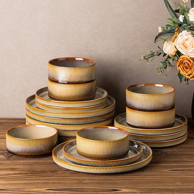 Ceramic Dinnerware Set for 6, 18-Piece Plates and Bowls Set | Lightweight Porcelain Dish Set, Scratch Resistant, Oven & Microwave & Dishwasher Safe, Creamy Amber