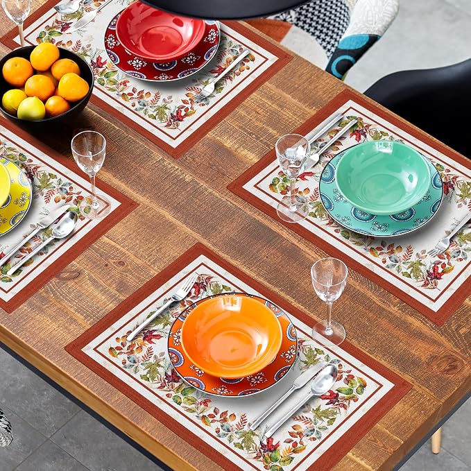 Fall Leaves Placemats Set of 4，Autumn Harvest Maple Leaves Farmhouse Tabletop Mat 12 x 18 Inch Washable Heat Resistant Thanksgiving Decor Table Place Mats for Dining Kitchen Home Party Outdoor