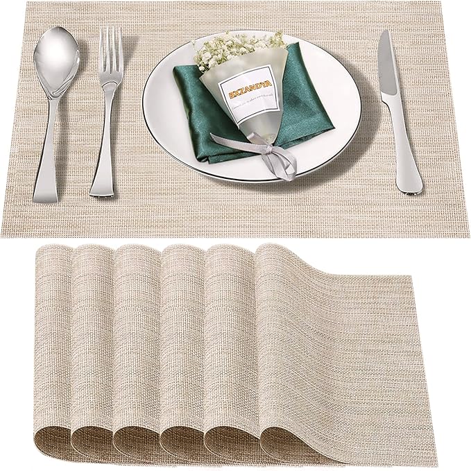 Beige White Vinyl Placemats Set of 6,Washable PVC Table Mats | Heat resistant, stain resistant non slip vinyl place mats, washable beige white table placemats for dining table