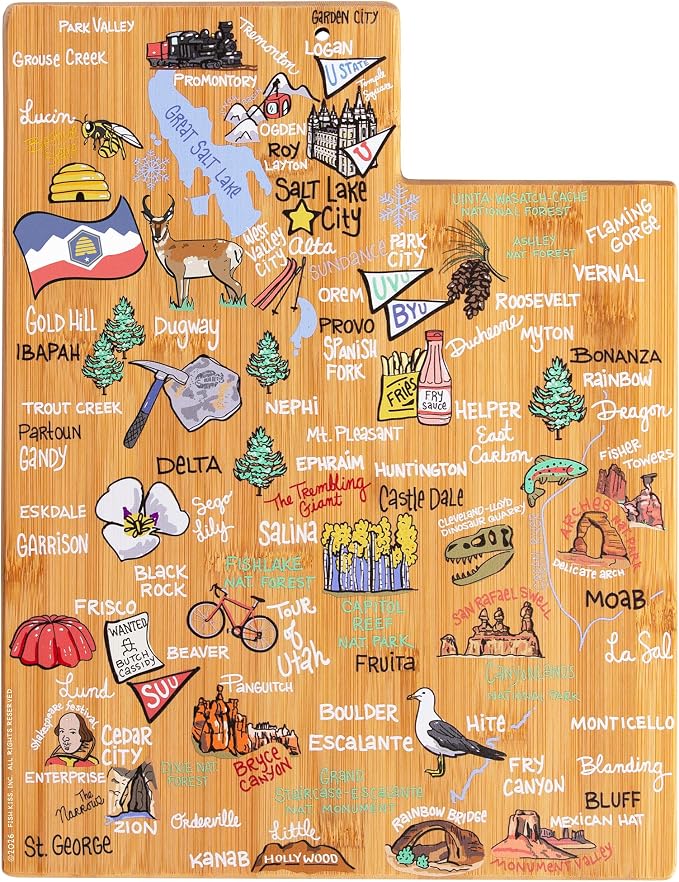 Totally Bamboo Utah State Shaped Cutting Board, Art by Fish Kiss | State charcuterie board with colorful hand-drawn map artwork. Smooth reverse side for food prep. Hang tie for wall display.