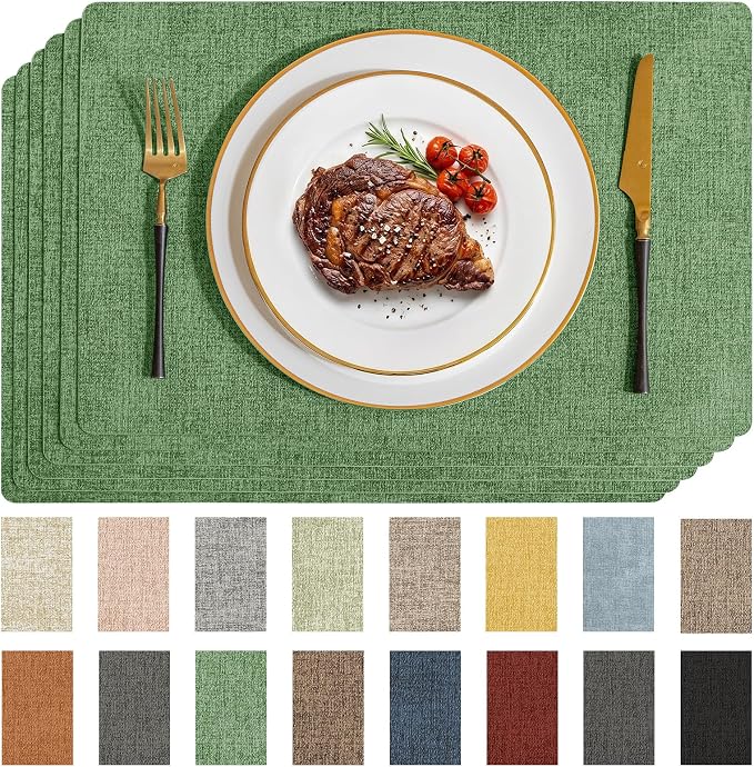 Romanstile Vinyl Placemats Set of 6-12 X 17 Inch - Faux Leather 100% Waterproof Wipeable Anti Slip Place Mats, Heat Resistant Reversible PU Table Mats for Kitchen Dining Party Outdoor, Dark Green