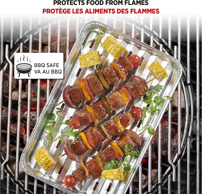 Starfrit Aluminum Grilling Trays, 30-Pack, 13.5 x 9 in, Disposable | Heavy-duty aluminum. Ideal for BBQ. Prevents food loss. Disposable. Recyclable. Made in Canada.