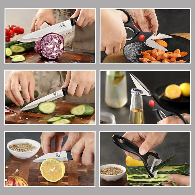 5 Pieces Kitchen knife Set, Knife Set Without Block with Sheathes, Stainless Steel Sharp Blade and Comfortable Handle, Chef Knife Set with Kitchen Scissors and Peeler for Cooking