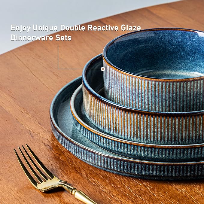 GBHOME Stoneware Dinnerware Sets for 6, 18-Piece Plates and Bowls Set | Handmade Reactive Glaze Ceramic Dish Set, Scratch Resistant, Dishwasher&Microwave Safe,Ceylon Blue