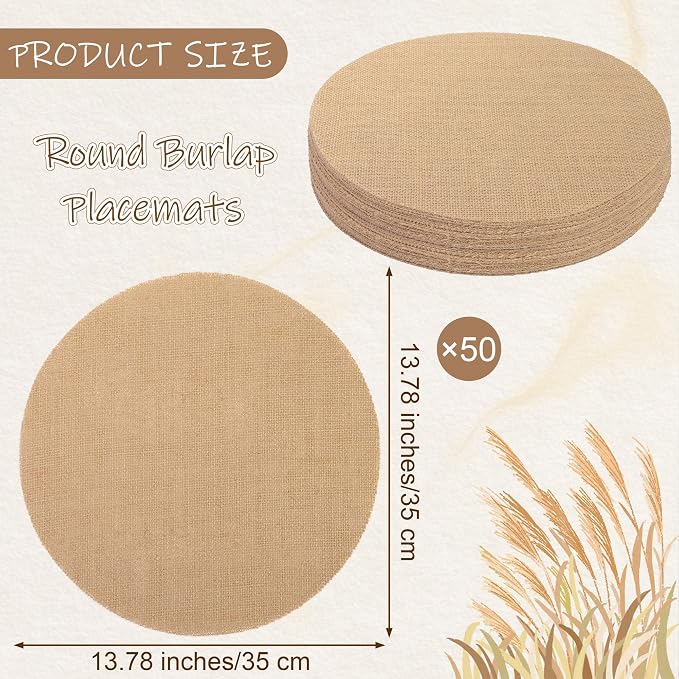 Aneco 50 Pieces Round Burlap Placemats 13.78 Inch Reusable Brown Table Mats Heat Resistant Natural Jute Fibers Placemats Burlap Circle Rustic Table Decorations for Dinner Holiday Farmhouse Decor