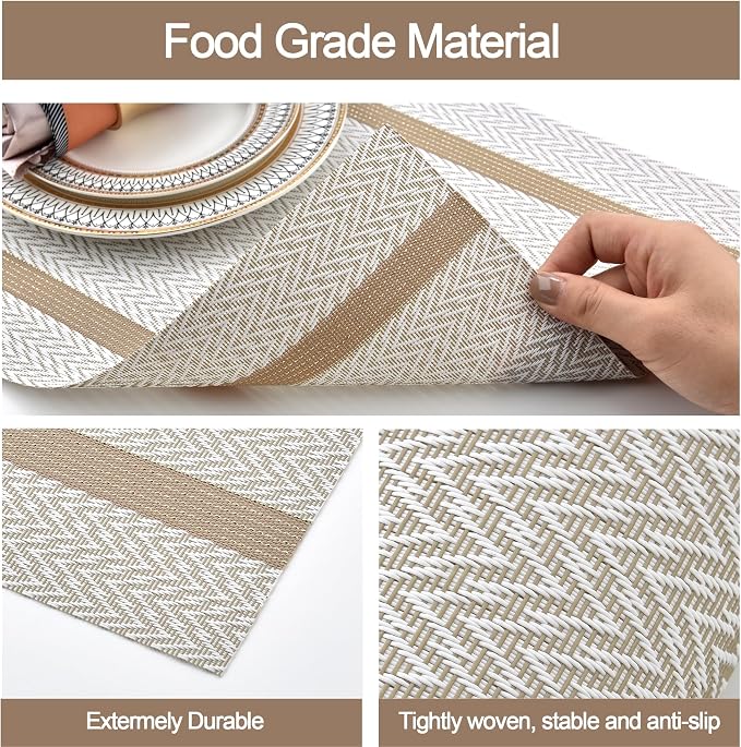 SLKQG Beige White Placemats Set of 8 - Easy Clean Modern Durable Washable Vinyl Place Mats - Heat Resistant Placemats for Kitchen Table - PVC Table Mats for Dining Table (Beige White with Stripes, 8)