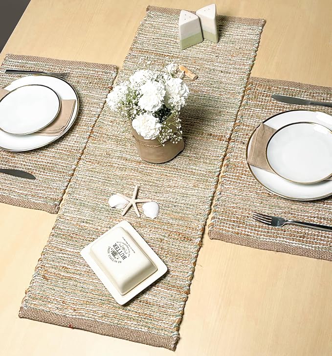 Natural Jute Table Runner, 13x36 Inch, Sage Green-White | Vintage Boho Rustic Table Decor, Handwoven, Farmhouse Dining or Console Accent