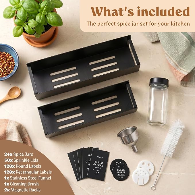 Square Glass Spice Jars (24 x 4oz) with Black Lids + Magnetic Spice Rack for Refrigerator (Fits 12 Jars) + Bonus Slim Auxiliary Rack, 240 Labels, Shaker Inserts, Funnel
