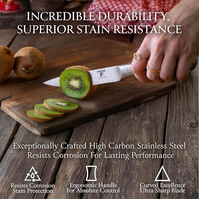 Moss & Stone Small 6 Pcs Kitchen Knife Set with Block, Stainless Steel | Professional chef knife set with sharp cooking knives, premium scratch-resistant and rust-proof design, ergonomic handle