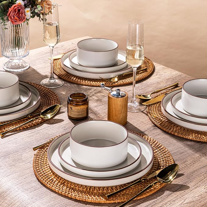 LERATIO Stoneware Dinnerware Sets for 6,18-Piece Matte Plates and Bowls Set | Handmade High Edge Rim Dish Set,Oven & Microwave,Dishwasher Safe,Scratch Resistant-Vanilla White