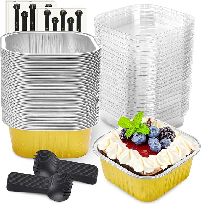 NPLUX Square Aluminum Pans with Lids, 50 Pack Gold for Dessert Displays | Fits bars, pudding, crumble and layered desserts; organized pieces help speed up service lines.