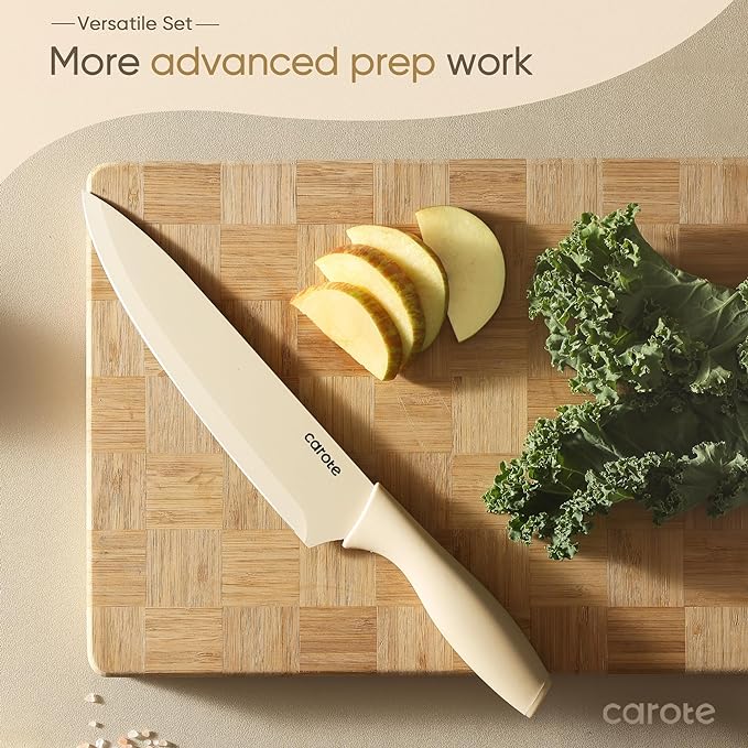 CAROTE Knife Set, 12 Pieces Kitchen Knife Set, 6 Stainless Steel Knives with Blade Guards & Nonstick Ceramic Coating, Rustproof, Color-Coded, Ergonomic Handles (Pack of 2)