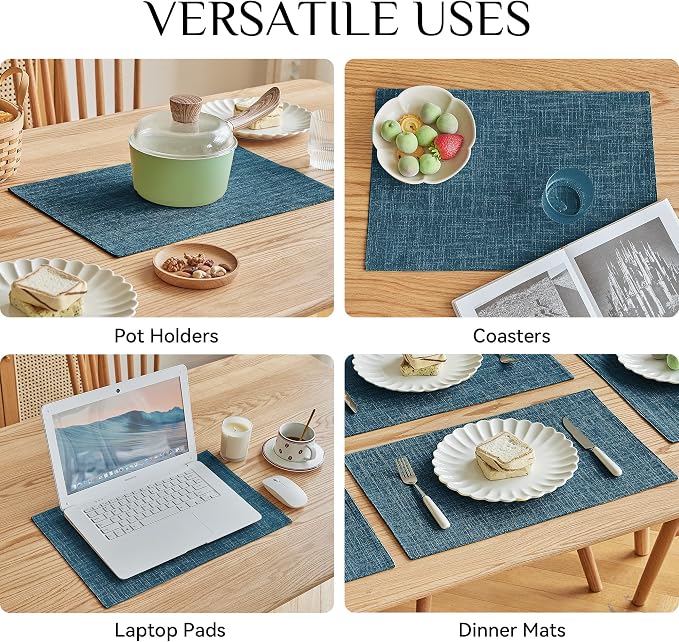 Softalker Faux Linen Placemats Set of 12-12 x 18 Inch, Heat Resistant Double Layered Durable Burlap Farmhouse Place Mats, Non-Slip Washable Rustic Table Mats for Dining, Kitchen, Party（Navy Blue