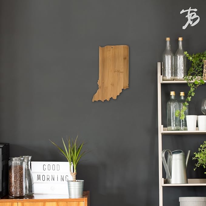 Totally Bamboo Indiana State Shaped Bamboo Serving and Cutting Board | State charcuterie board with natural bamboo grain. Knife-friendly surface for food prep. Hang tie for wall display.