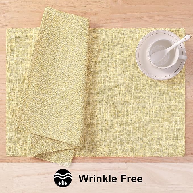 Faux Cotton Linen Placemats Set of 8, Cloth Washable Farmhouse Dining Table Mats for Indoors & Outdoors, Easy to Clean, Lemon Yellow, 13 x 19 Inch